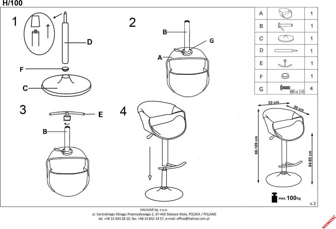 Bar Stool H100 | size: Length: 50cm, Width: 53cm, Height: 109cm, Depth: 50cm | color: Black | image: 3 | variant: 1011607