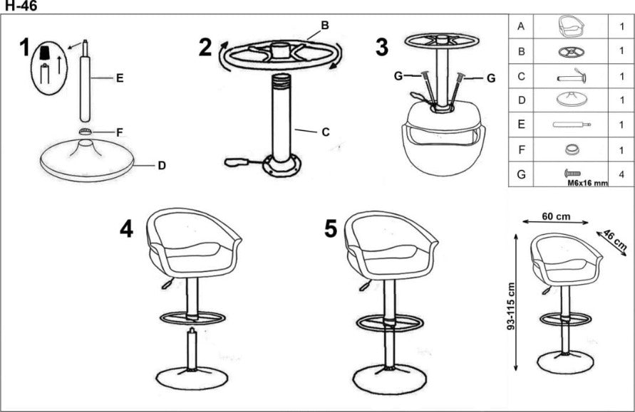 Bar Stool H46 | size: Length: 46cm, Width: 50cm, Height: 93-115cm, Depth: 46cm | color: Black | image: 8 | variant: 1011606