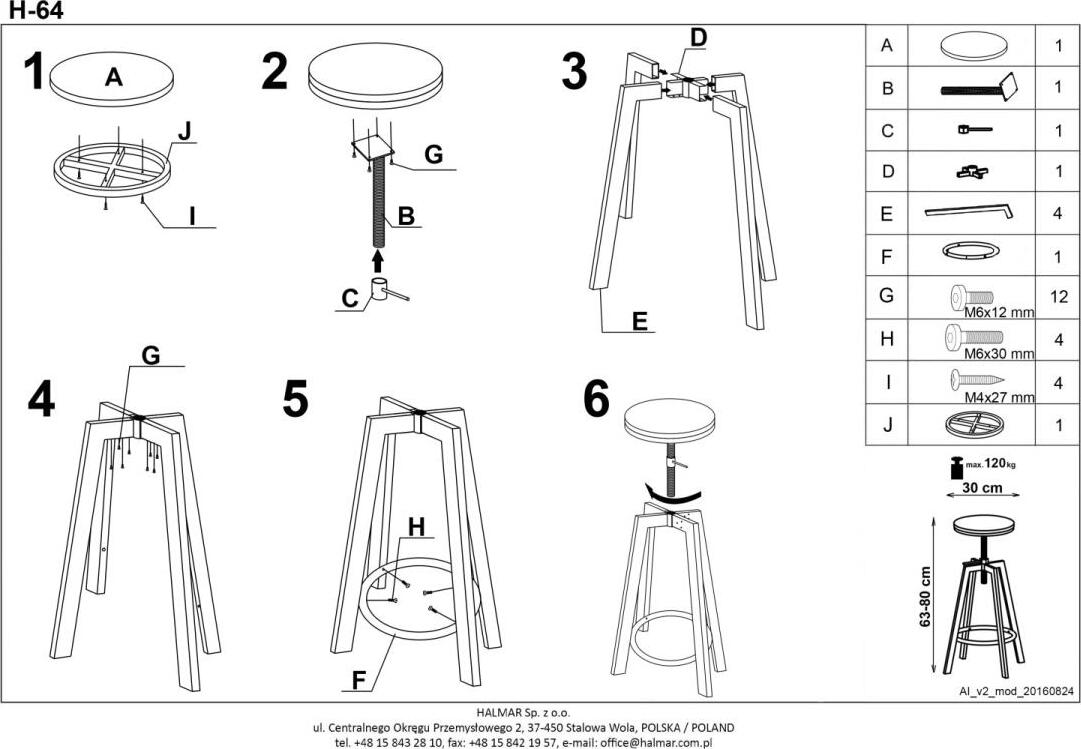 Bar Stool H64 | size: Length: 30cm, Width: 30cm, Height: 63-80cm, Depth: 30cm | color: Brown | image: 4 | variant: 1011596