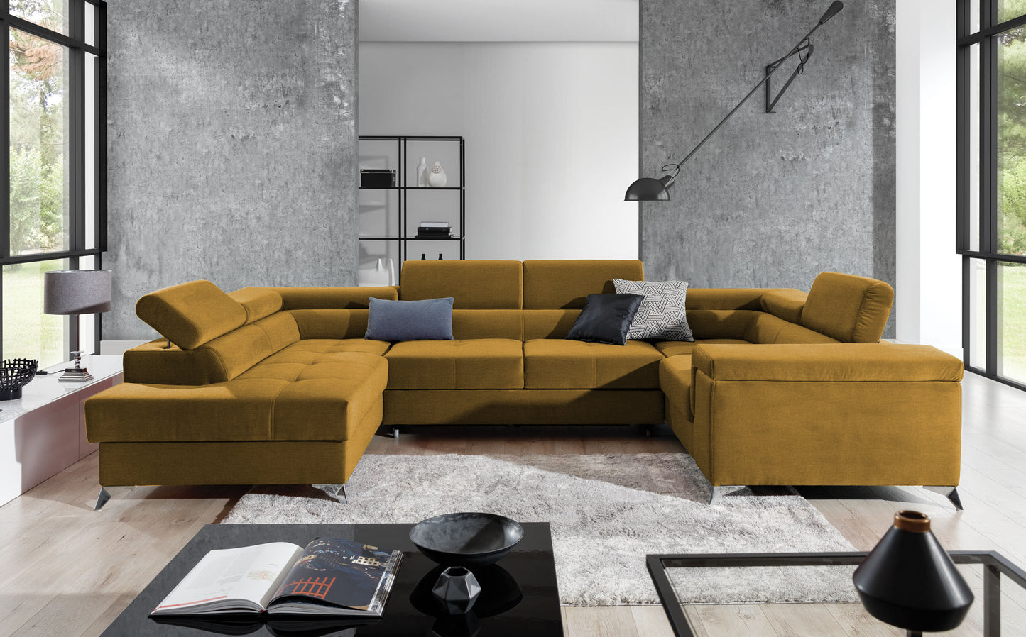 Corner Sleeper Sofa Thiago 49 | size: Width: 208cm, Height: 88cm, Depth: 43cm | color: Yellow | image: 1 | variant: 1016517