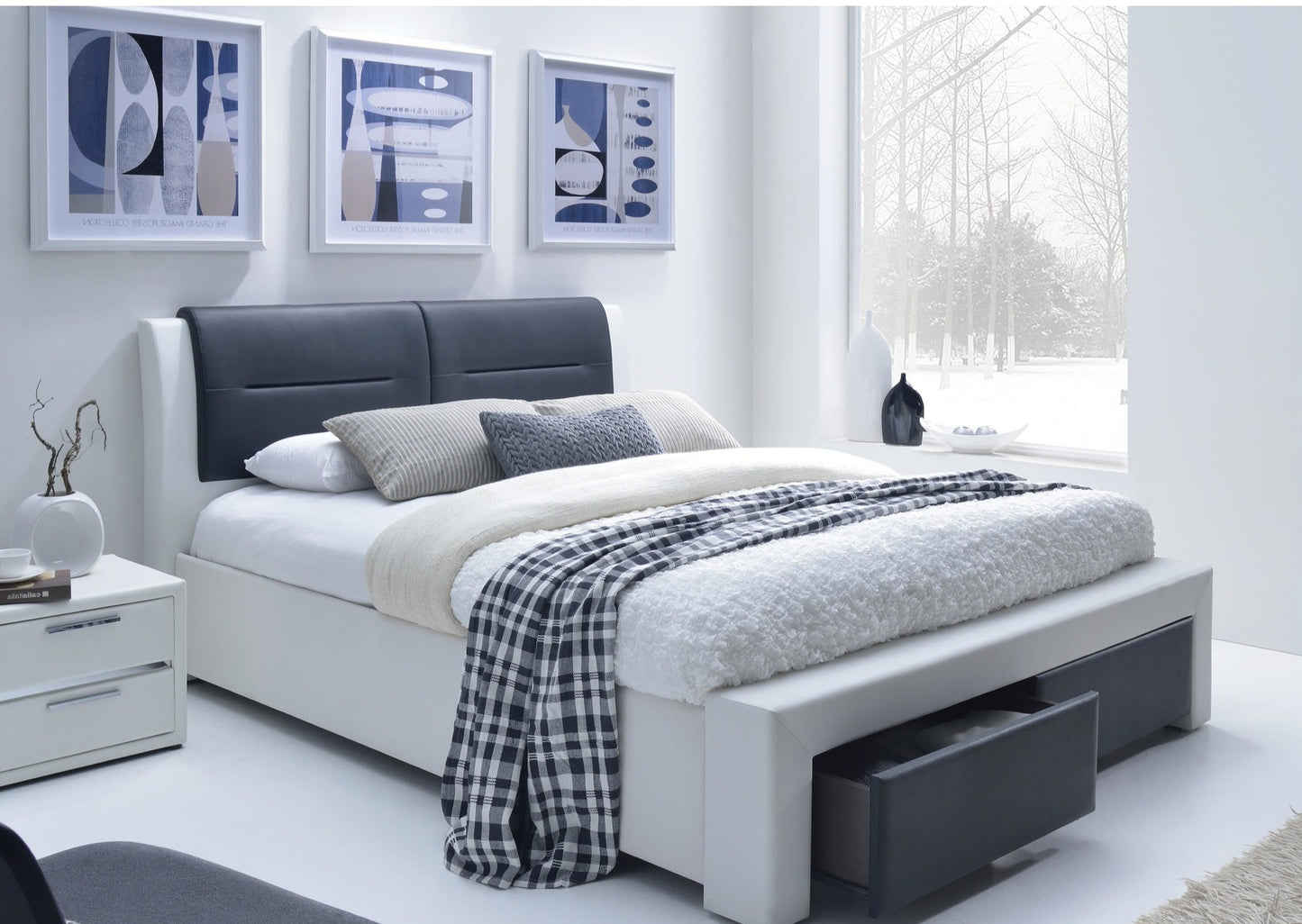 Double Bed East Savona | size: Length: 225cm, Width: 152cm, Height: 99cm | color: White/Black | image: 2 | variant: 1006676
