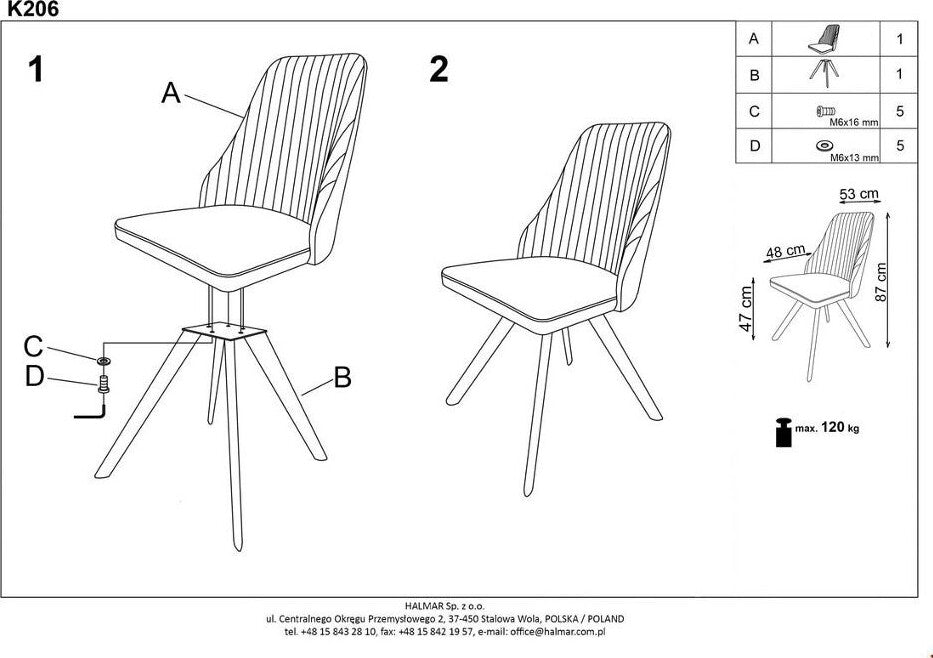 Kitchen Chair K206 | size: Width: 53cm, Height: 87cm, Depth: 48cm | color: White | image: 5 | variant: 1011492