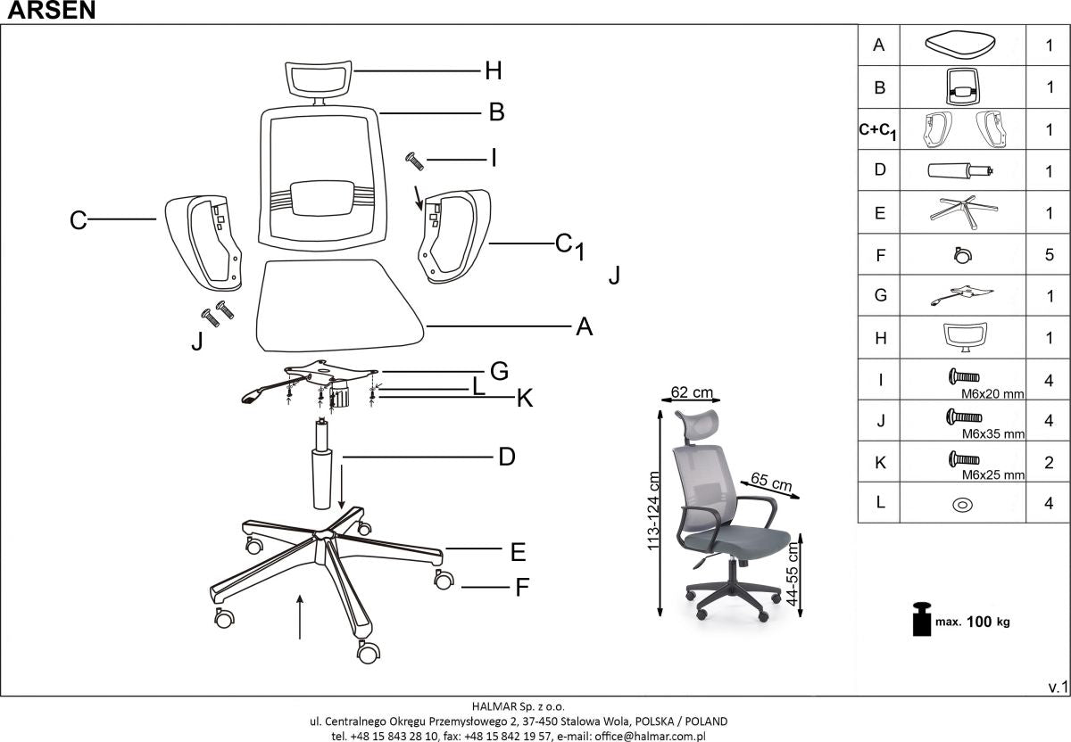 Office Chair Arsen | size: Width: 62cm, Height: 124cm, Depth: 65cm | color: Gray | image: 10 | variant: 1011966