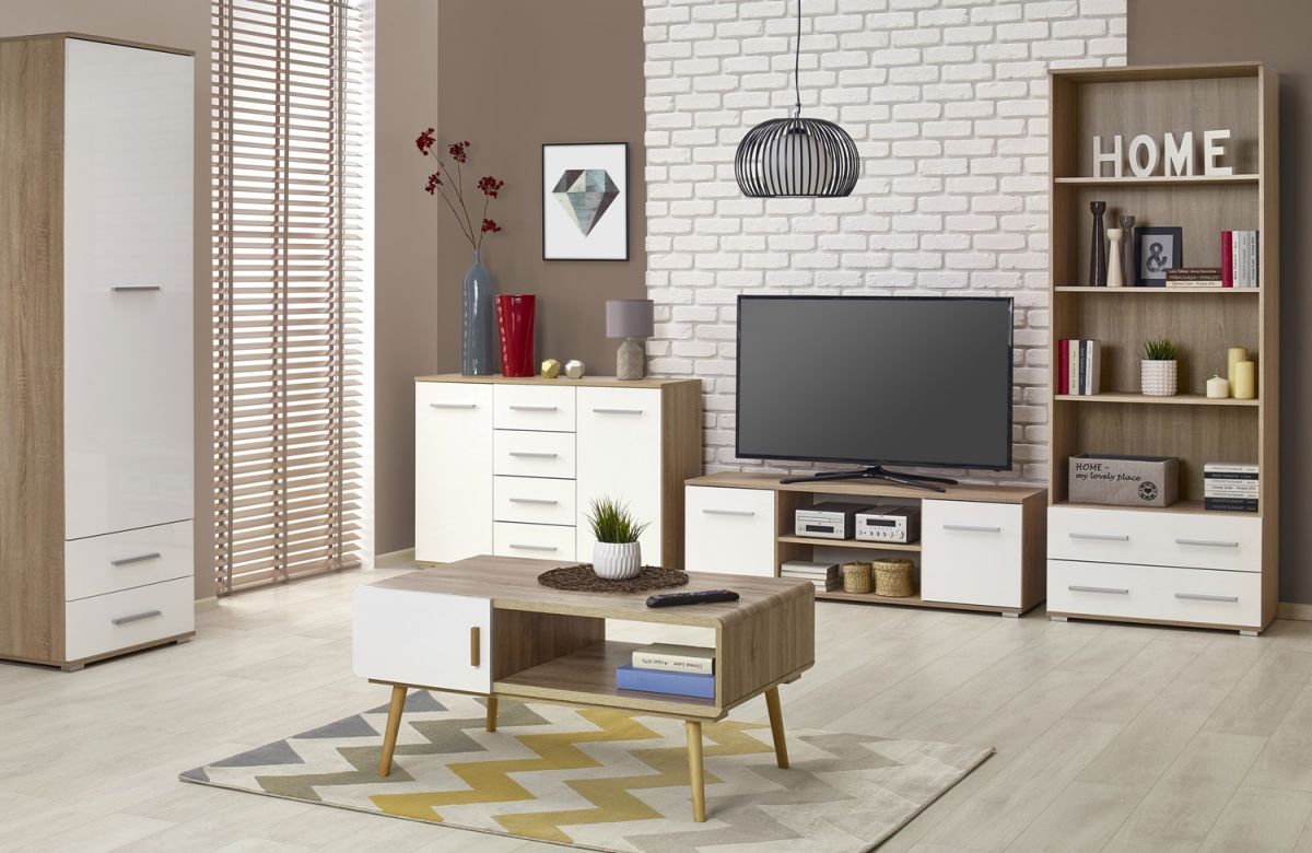 TV Table Copenhagen | size: Length: 40cm, Width: 137cm, Height: 44cm | color: White/Oak | image: 3 | variant: 1007160