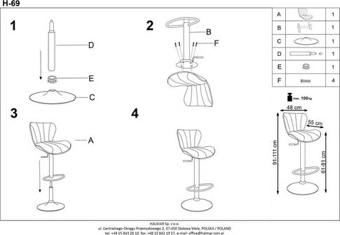 Bar Stool H69 | size: Length: 48cm, Width: 48cm, Height: 91-111cm, Depth: 55cm | color: Black | image: 8 | variant: 1011603