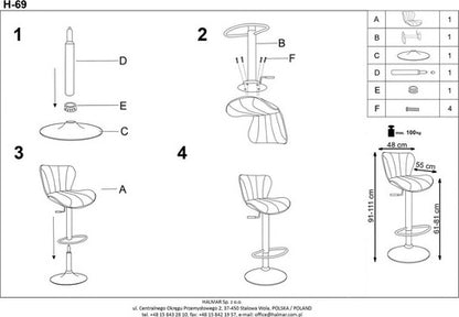 Bar Stool H69 | size: Length: 48cm, Width: 48cm, Height: 91-111cm, Depth: 55cm | color: Black | image: 8 | variant: 1011603