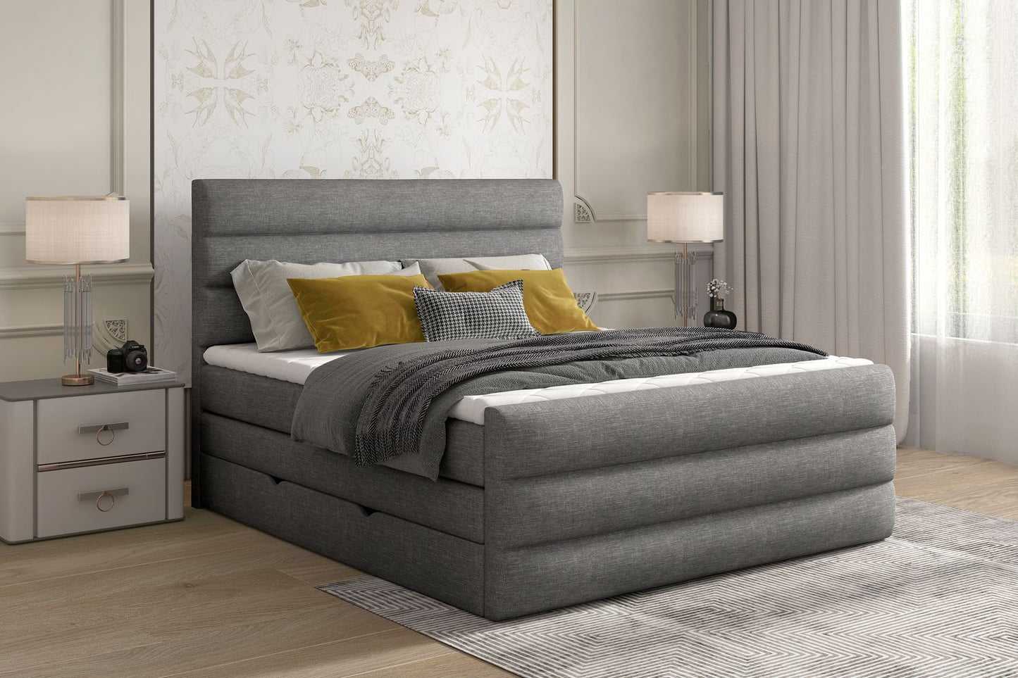 Continental Double Bed East Madrid | size: Length: 220cm, Width: 140cm, Height: 133cm | color: Sawana | image: 1 | variant: 1012371