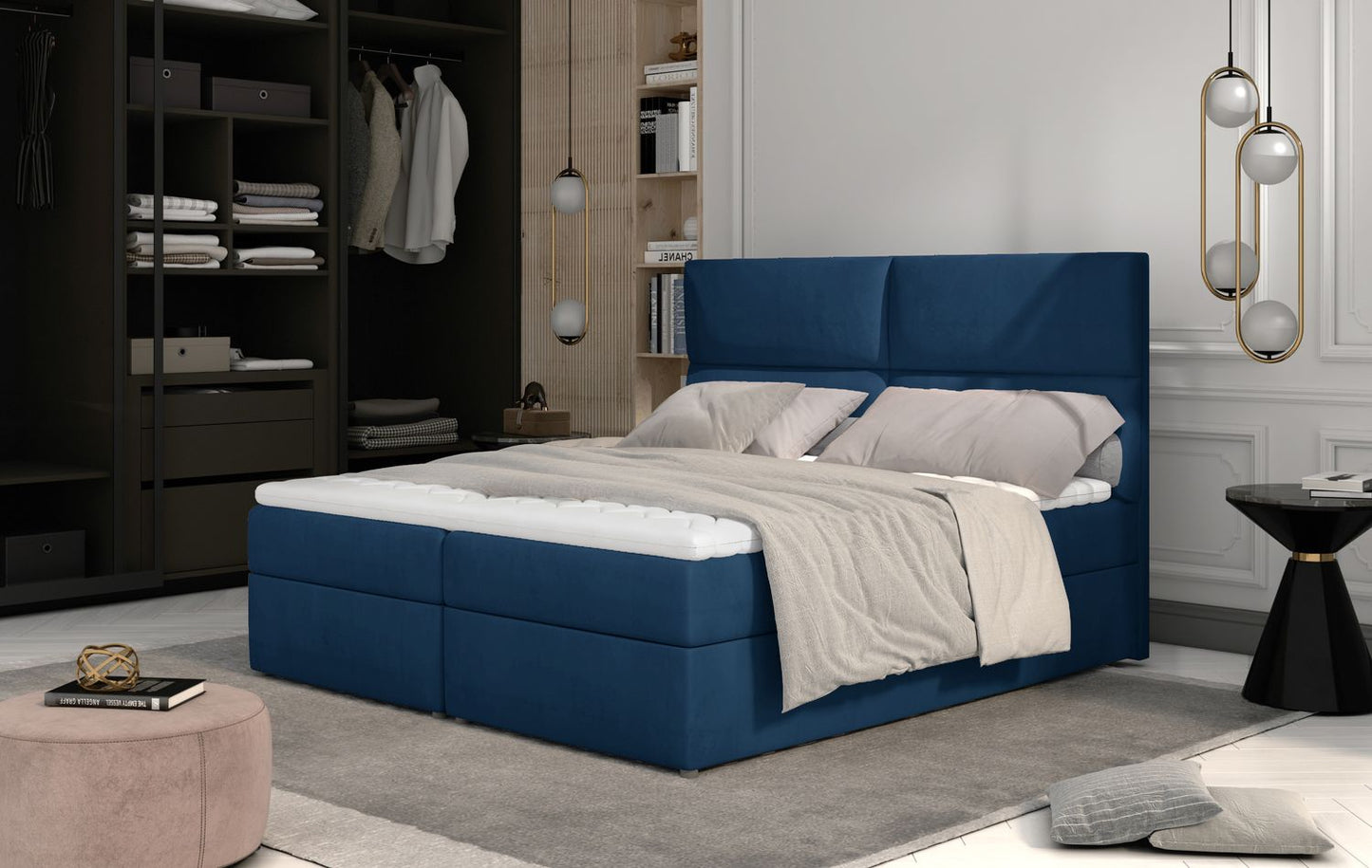 Continental Double Bed Risca 1 | size: Length: 210cm, Width: 165cm, Height: 124cm | color: Blue | image: 1 | variant: 1012125