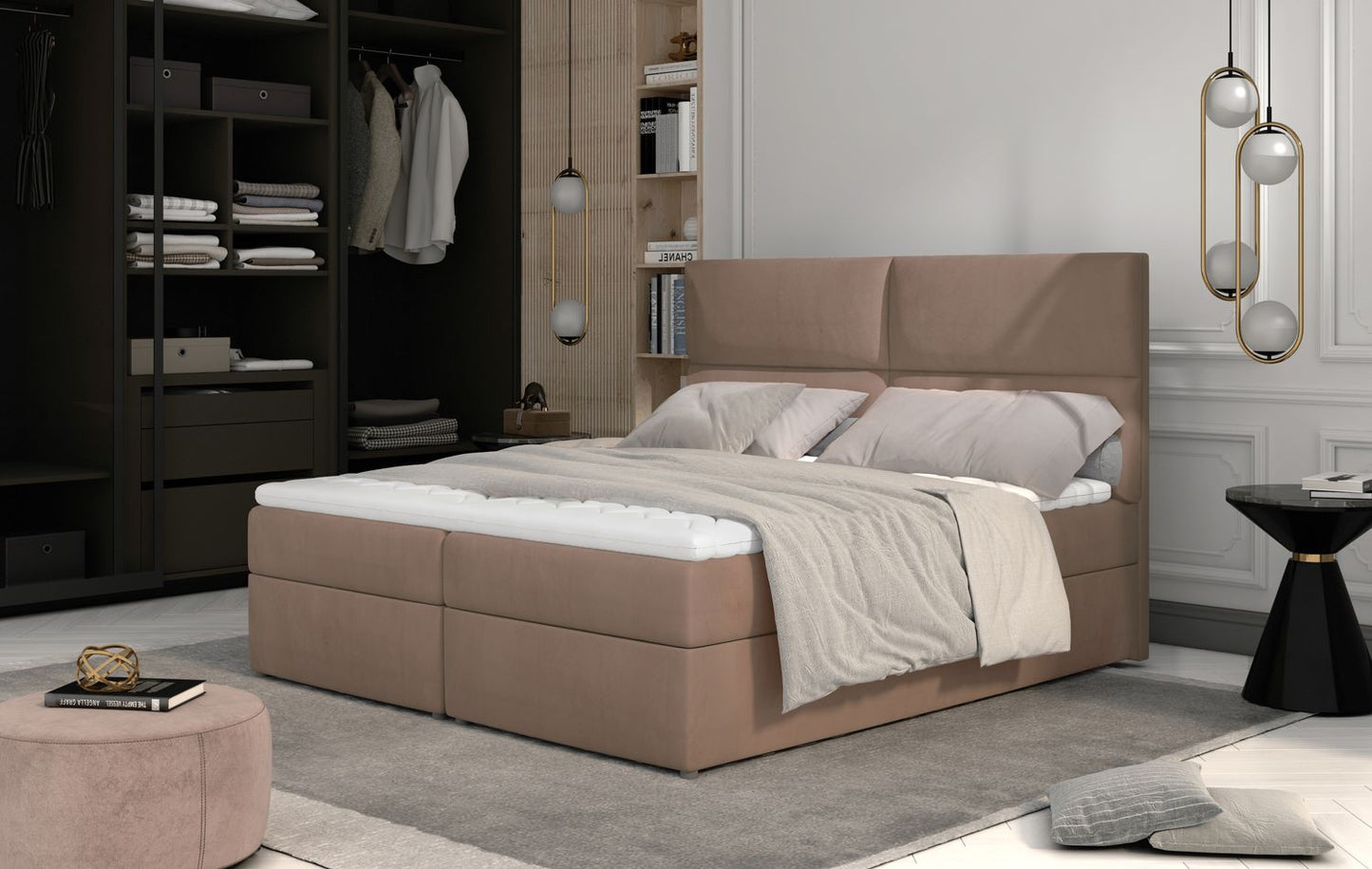 Continental Double Bed Risca 2 | size: Length: 210cm, Width: 185cm, Height: 124cm | color: Beige | image: 1 | variant: 1012140
