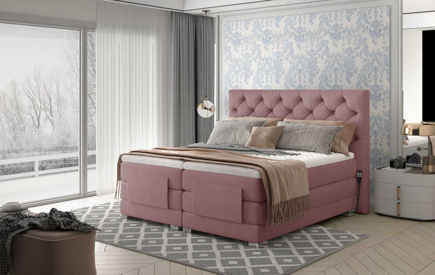 Continental Double Bed Sunderland 1 | size: Length: 217cm, Width: 178cm, Height: 130cm | color: Mat/Velvet | image: 1 | variant: 1012584