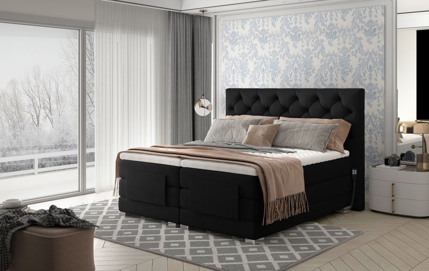 Continental Double Bed Sunderland 1 | size: Length: 217cm, Width: 178cm, Height: 130cm | color: Mat/Velvet | image: 1 | variant: 1012586