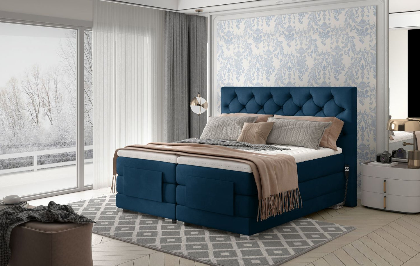 Continental Double Bed Sunderland 2 | size: Length: 217cm, Width: 198cm, Height: 130cm | color: Blue | image: 1 | variant: 1012600
