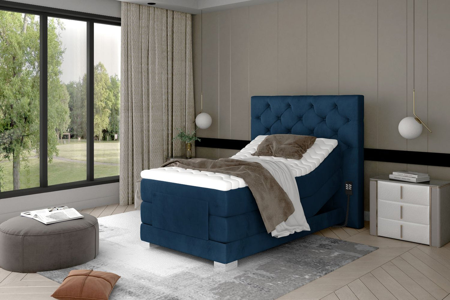 Continental Single Bed Sunderland | size: Length: 217cm, Width: 109cm, Height: 130cm | color: Blue | image: 1 | variant: 1013607