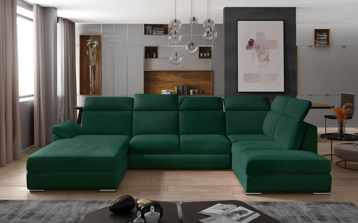 Corner Sleeper Sofa Evanell 13 | size: Width: 336cm, Height: 102cm, Depth: 216cm | color: Green | image: 1 | variant: 1015620