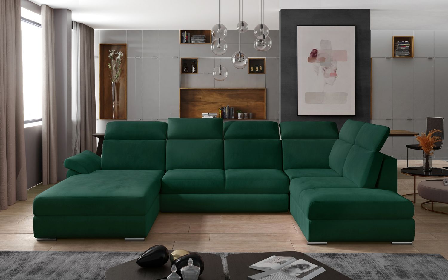 Corner Sleeper Sofa Evanell 13 | size: Width: 336cm, Height: 102cm, Depth: 216cm | color: Green | image: 1 | variant: 1015620