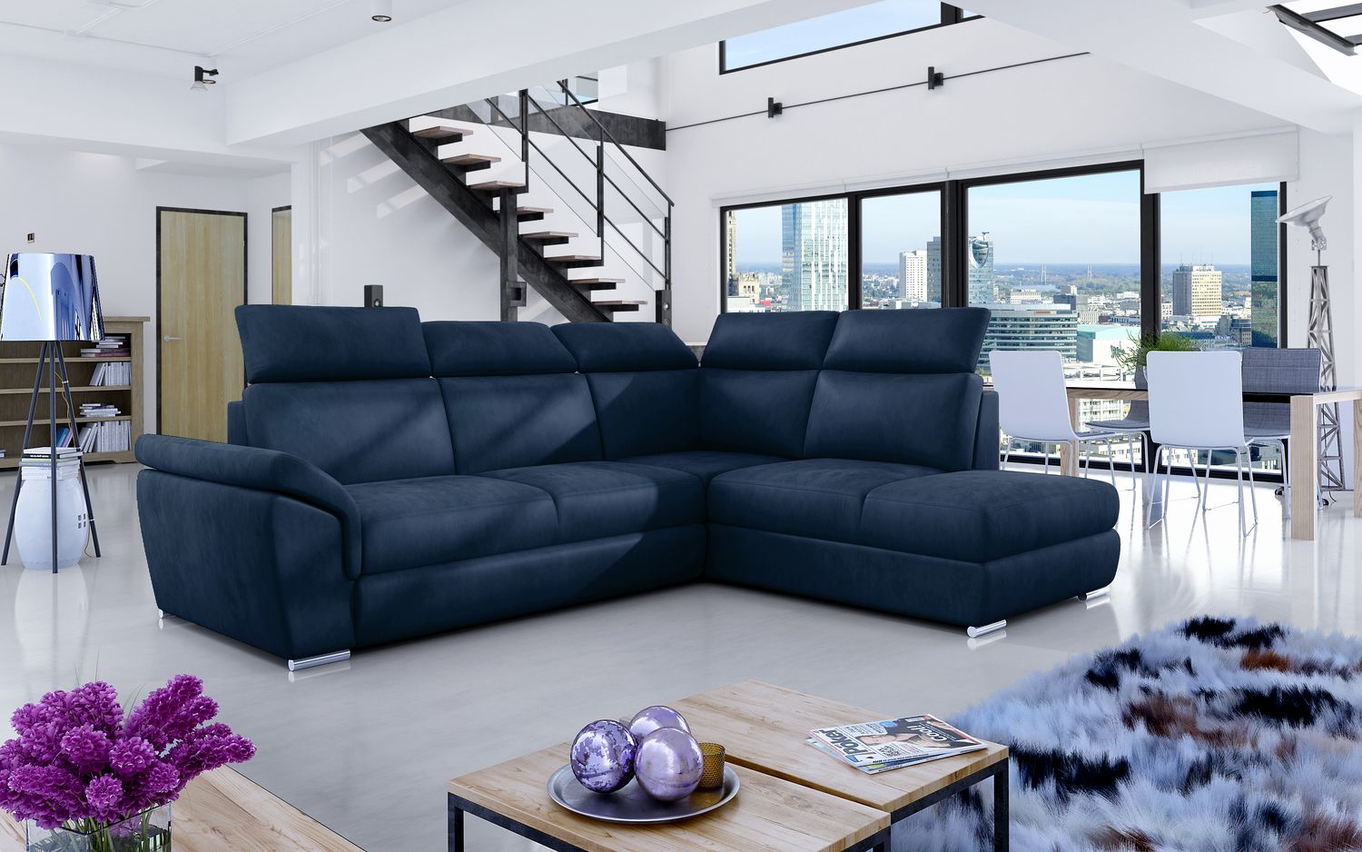 Corner Sleeper Sofa Loreto 9 | size: Width: 260cm, Height: 102cm, Depth: 60cm | color: Blue | image: 1 | variant: 1015898