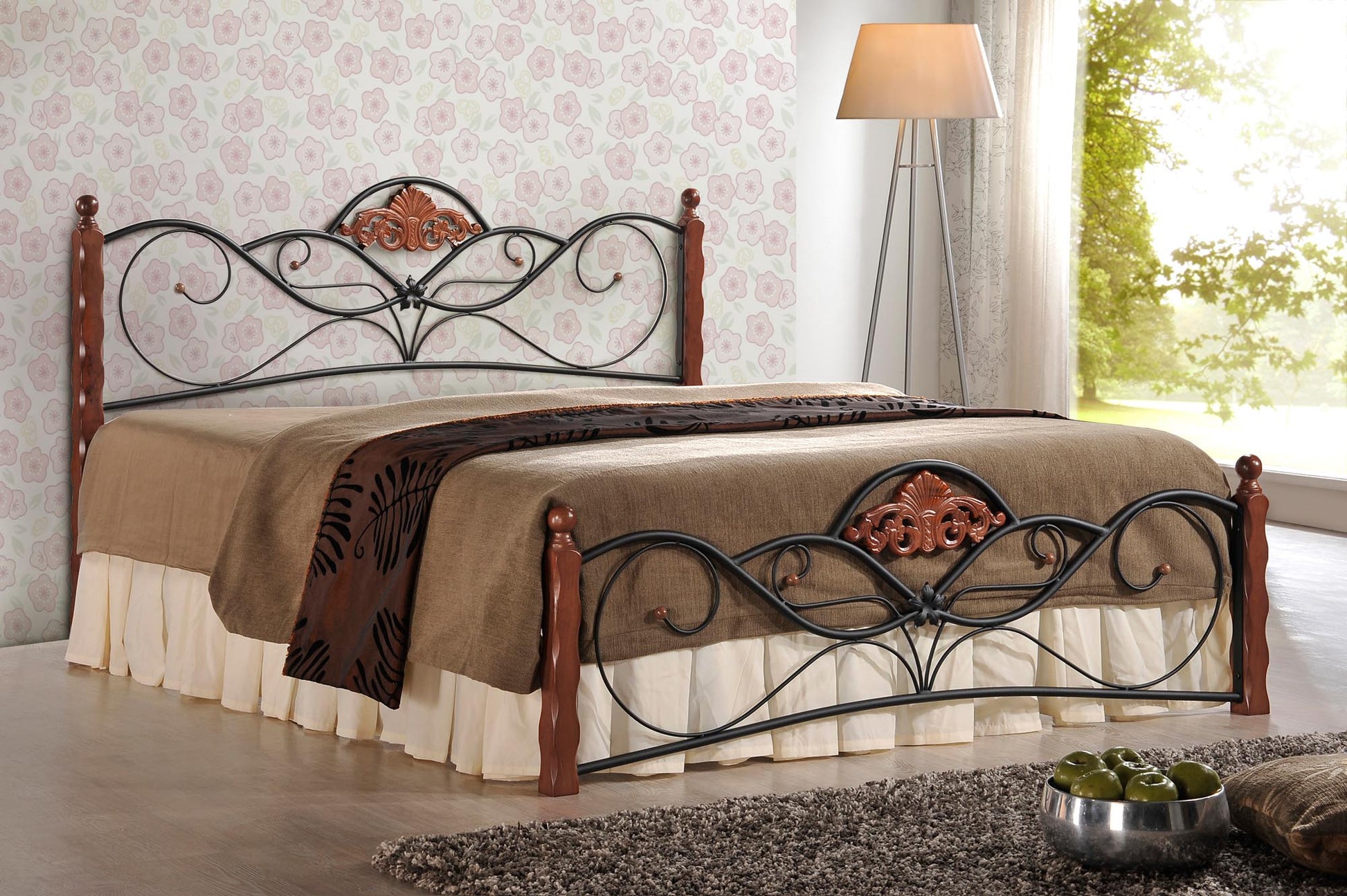 Double Bed East Caserta | size: Length: 200cm, Width: 160cm, Height: 104cm | color: Black/cherry wood | image: 2 | variant: 1006669