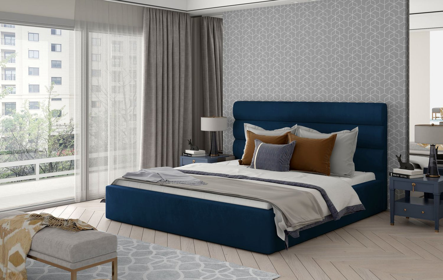 Double Bed East Fishguard 1 | size: Length: 223cm, Width: 180cm, Height: 93cm | color: Blue | image: 1 | variant: 1010789