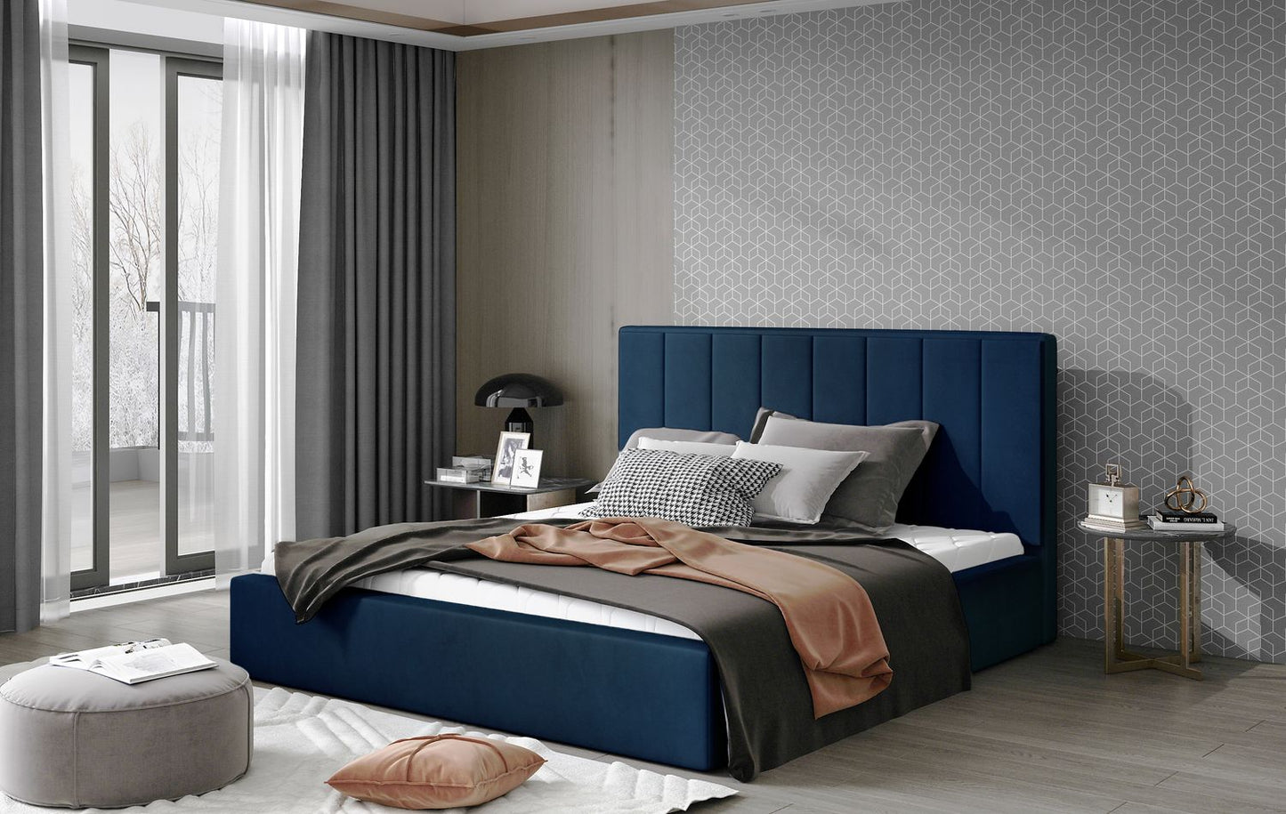 Double Bed East Oldham 2 | size: Length: 223cm, Width: 200cm, Height: 93cm | color: Blue | image: 1 | variant: 1010678