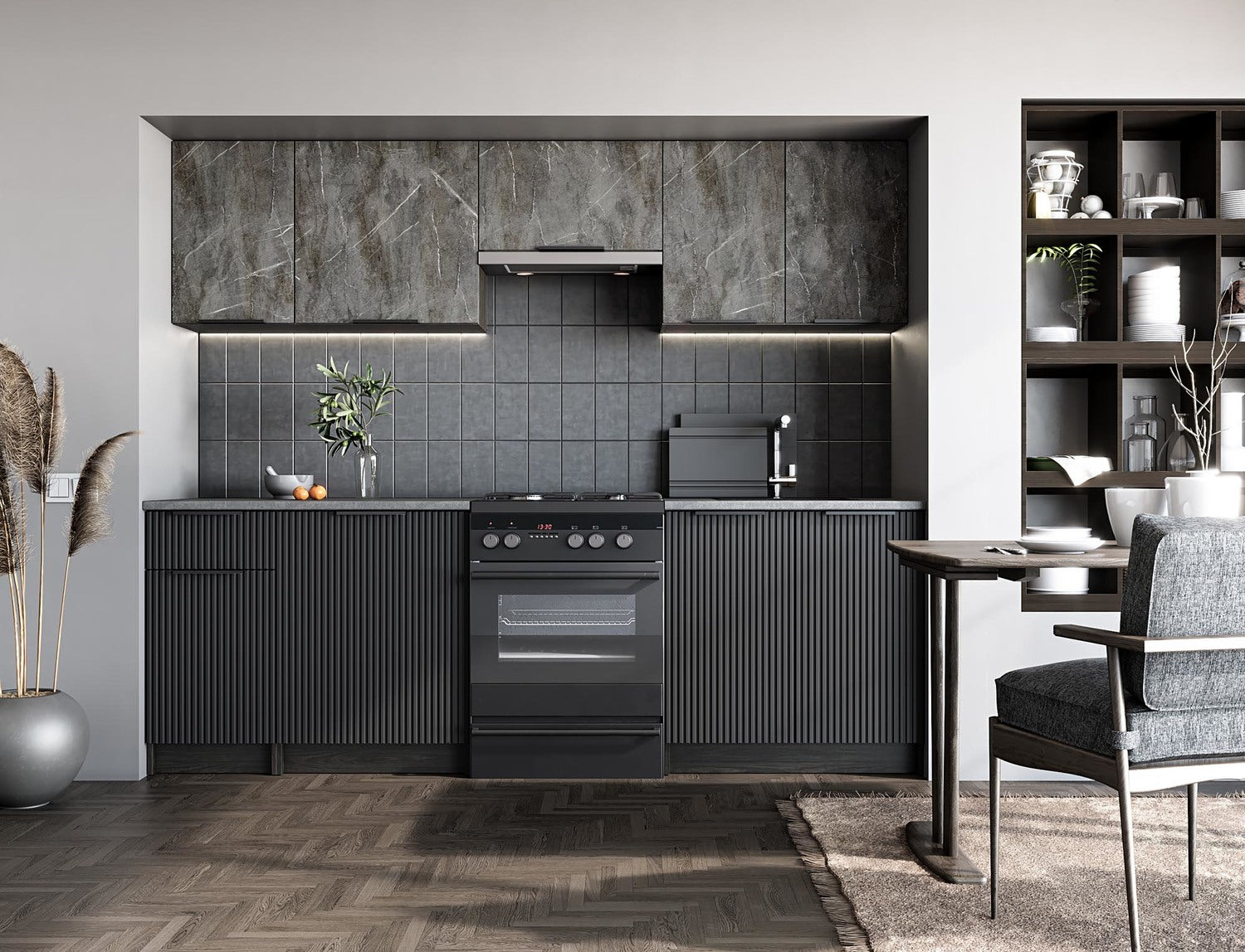 Kitchen Equipment Set Tamara | size: Width: 240cm, Height: 214cm, Depth: 60cm | color: Black/Grey | image: 1 | variant: 1012965