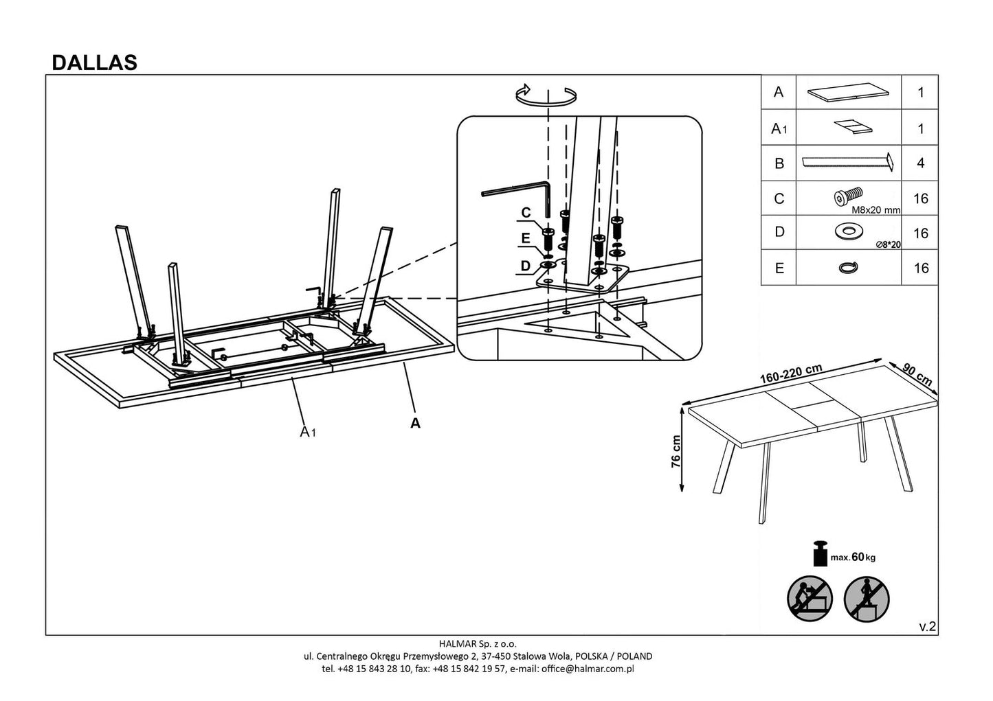 Kitchen Table Dallas | size: Length: 90cm, Width: 220cm, Height: 76cm | color: White/Marble/Black | image: 10 | variant: 1011254