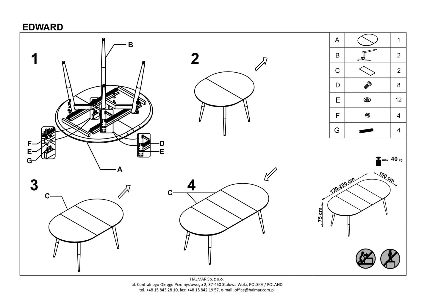 Kitchen Table Edward | size: Length: 100cm, Width: 200cm, Height: 75cm | color: White | image: 10 | variant: 1006447