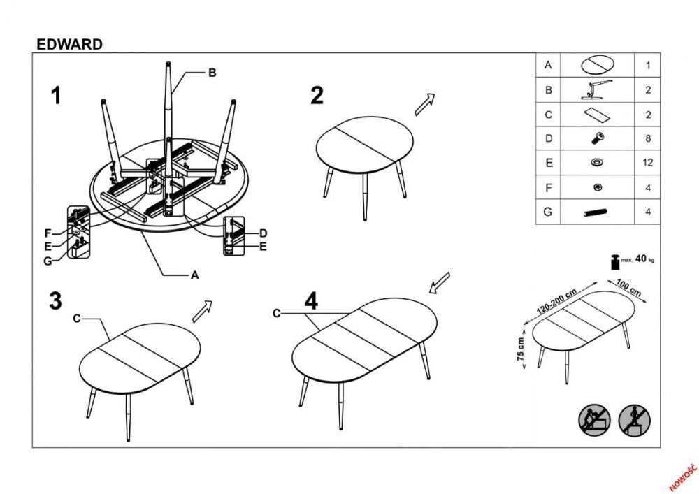 Kitchen Table Edward | size: Length: 100cm, Width: 200cm, Height: 75cm | color: White/Oak | image: 10 | variant: 1006448