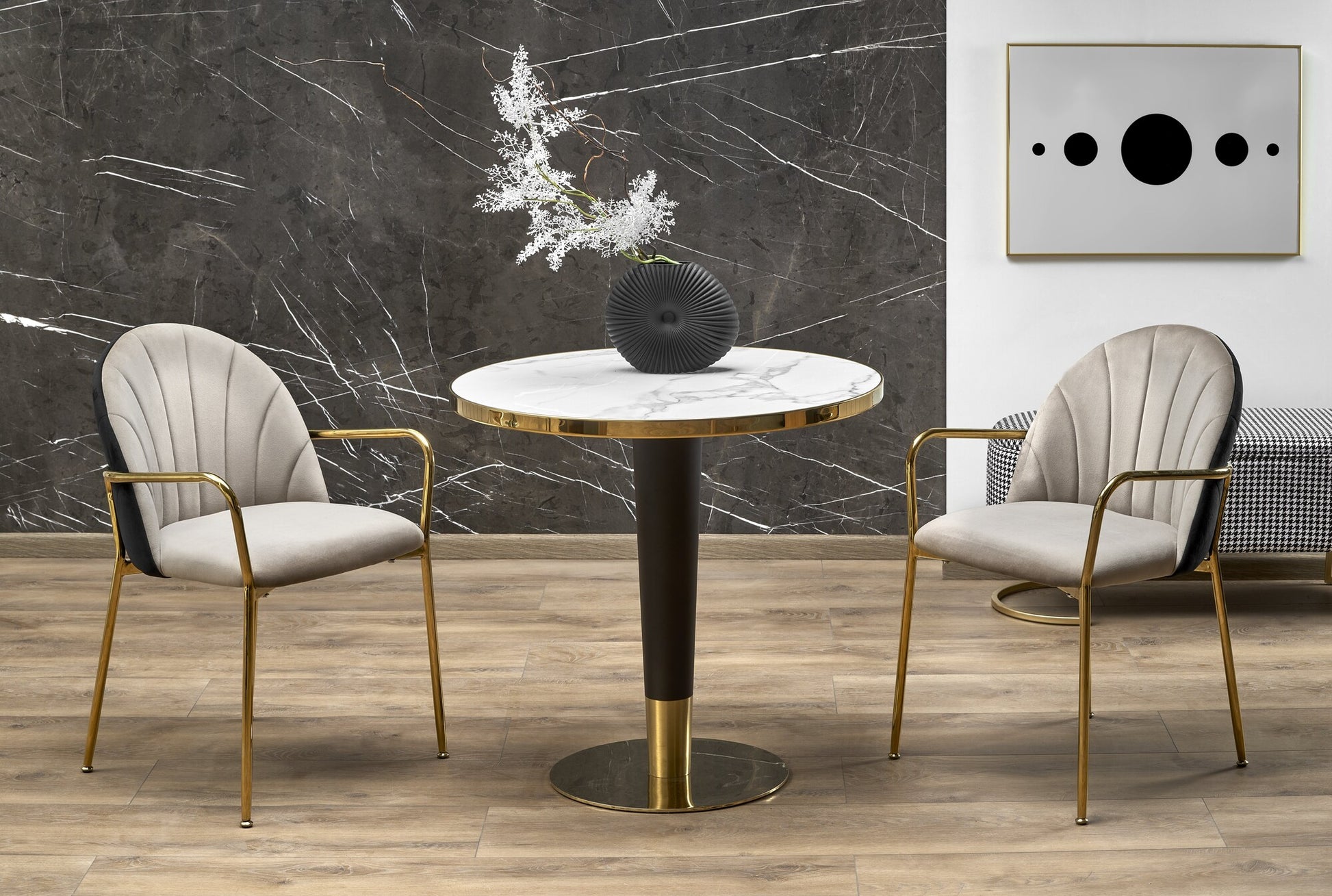 Kitchen Table Morata | size: Length: 79cm, Width: 79cm, Height: 74cm, Diameter: 79cm | color: White/Marble/Black/Gold | image: 1 | variant: 1013023