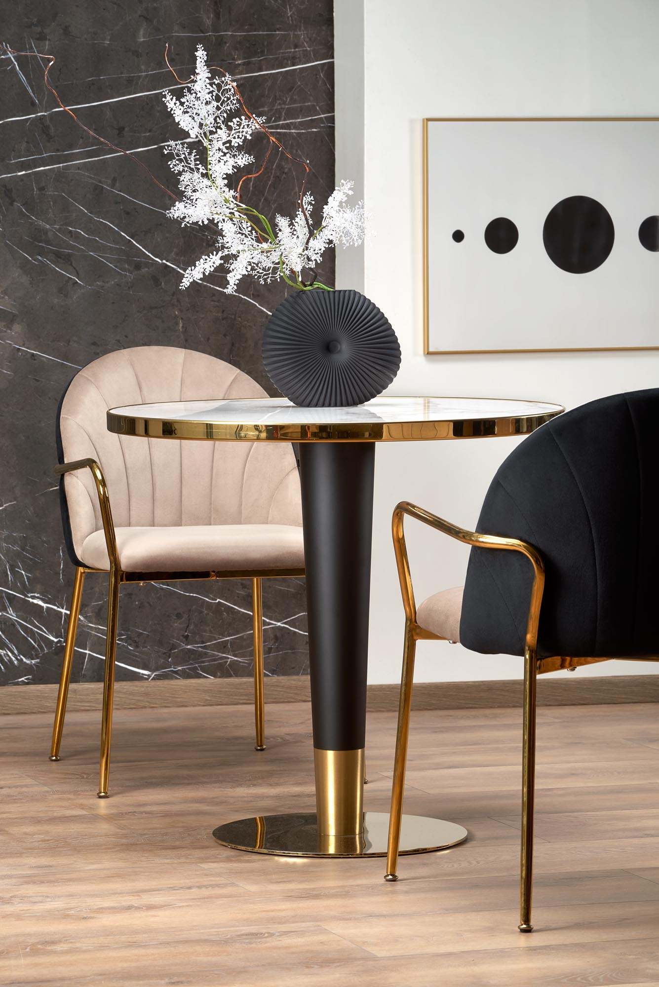 Kitchen Table Morata | size: Length: 79cm, Width: 79cm, Height: 74cm, Diameter: 79cm | color: White/Marble/Black/Gold | image: 2 | variant: 1013023