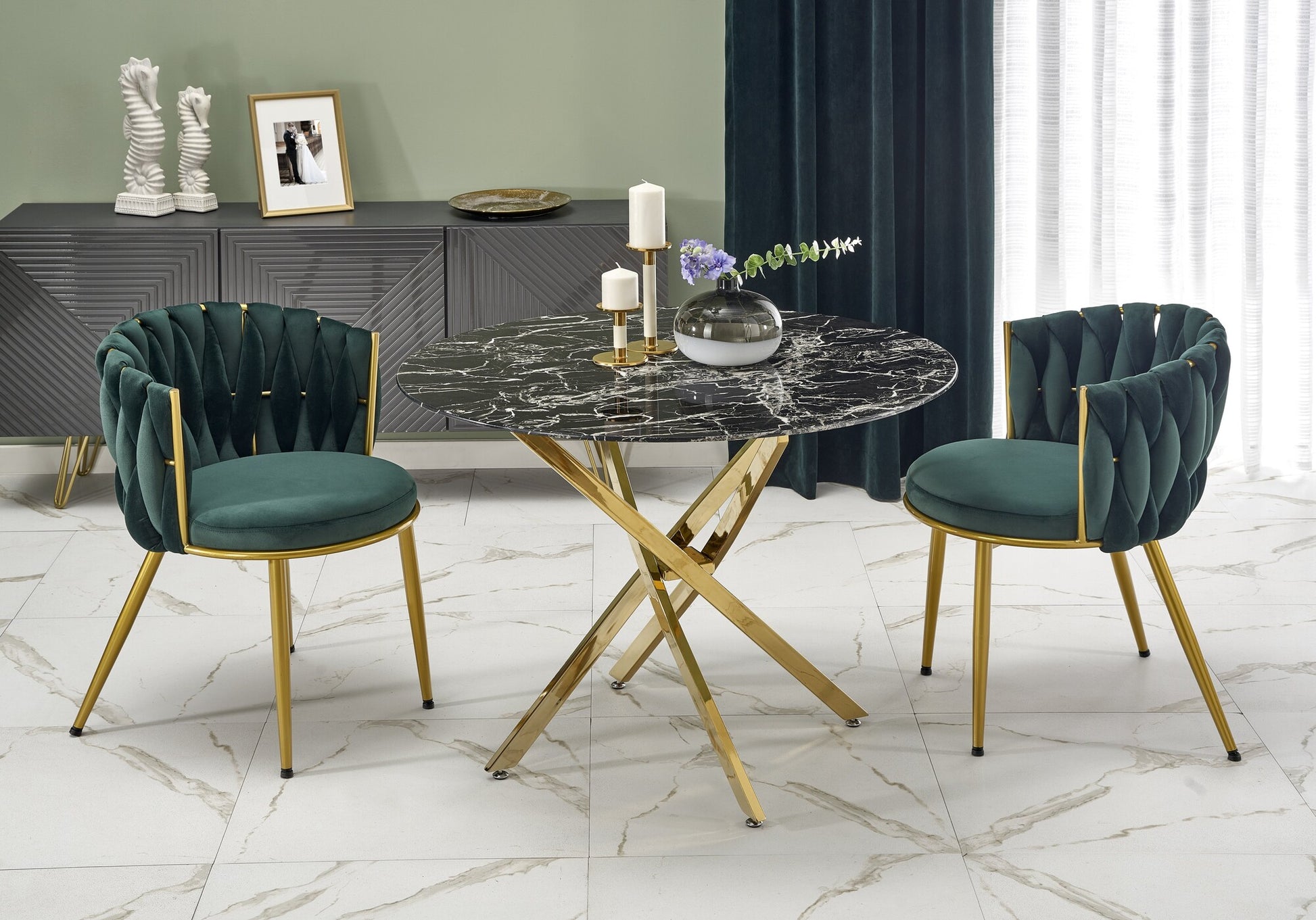 Kitchen Table Raymond 2 | size: Length: 100cm, Width: 100cm, Height: 73cm, Diameter: 100cm | color: Marble/Black/Gold | image: 1 | variant: 1006438