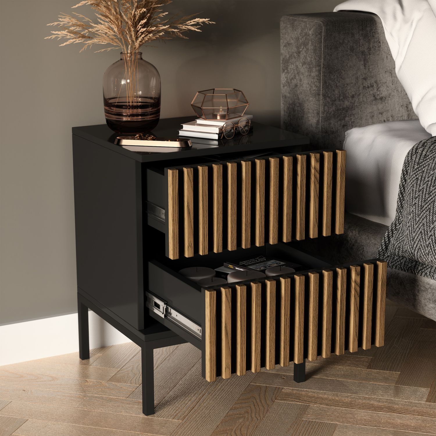 Nightstand Meorati | size: Width: 40cm, Height: 60cm, Depth: 40cm | color: Black/Oak | image: 3 | variant: 1017008