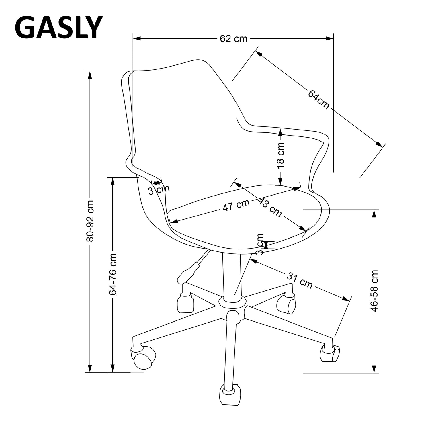 Office Chair Asti | size: Width: 62cm, Height: 80cm, Depth: 64cm | color: White | image: 2 | variant: 1002899