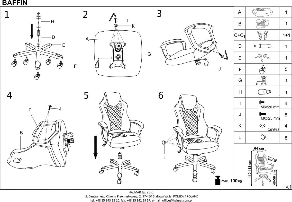 Office Chair Baffin | size: Width: 64cm, Height: 118cm, Depth: 70cm | color: Black | image: 8 | variant: 1011620