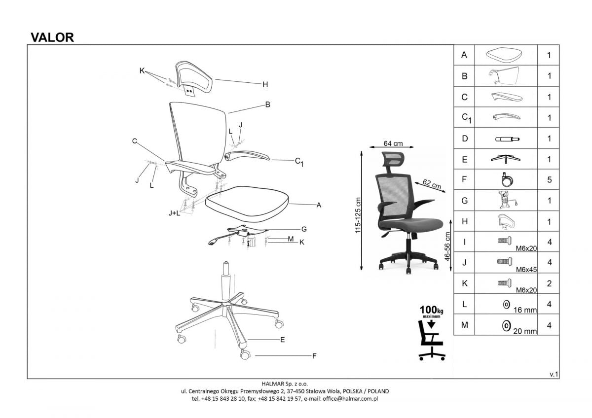 Office Chair Valor | size: Width: 64cm, Height: 125cm, Depth: 62cm | color: Black | image: 3 | variant: 1011972