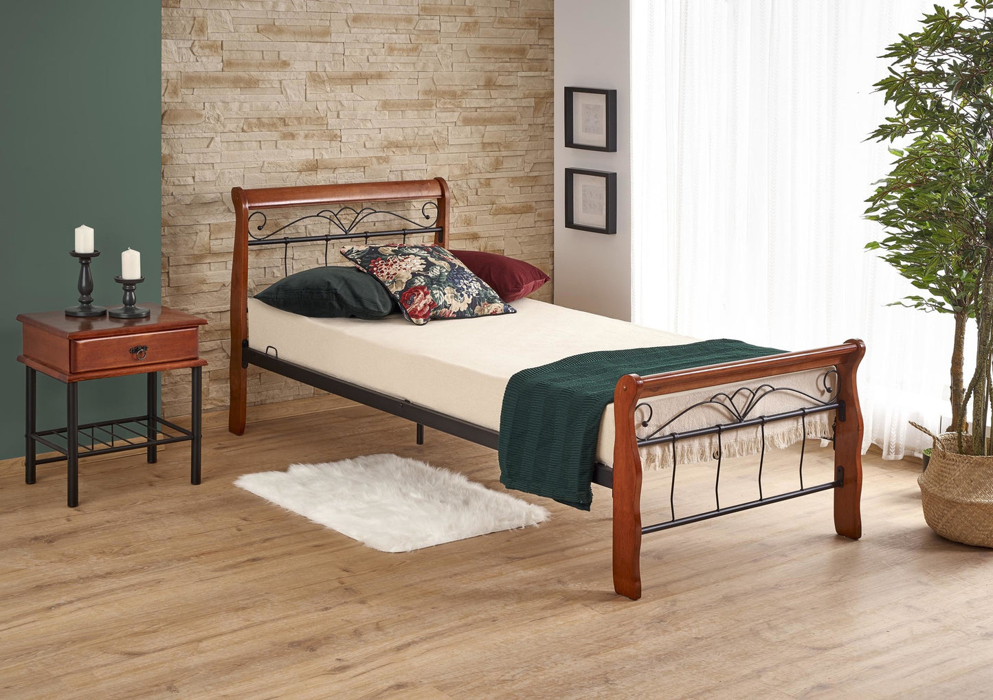 Single Bed East Benevento | size: Length: 204cm, Width: 93cm, Height: 91cm | color: Black/cherry wood | image: 2 | variant: 1006667