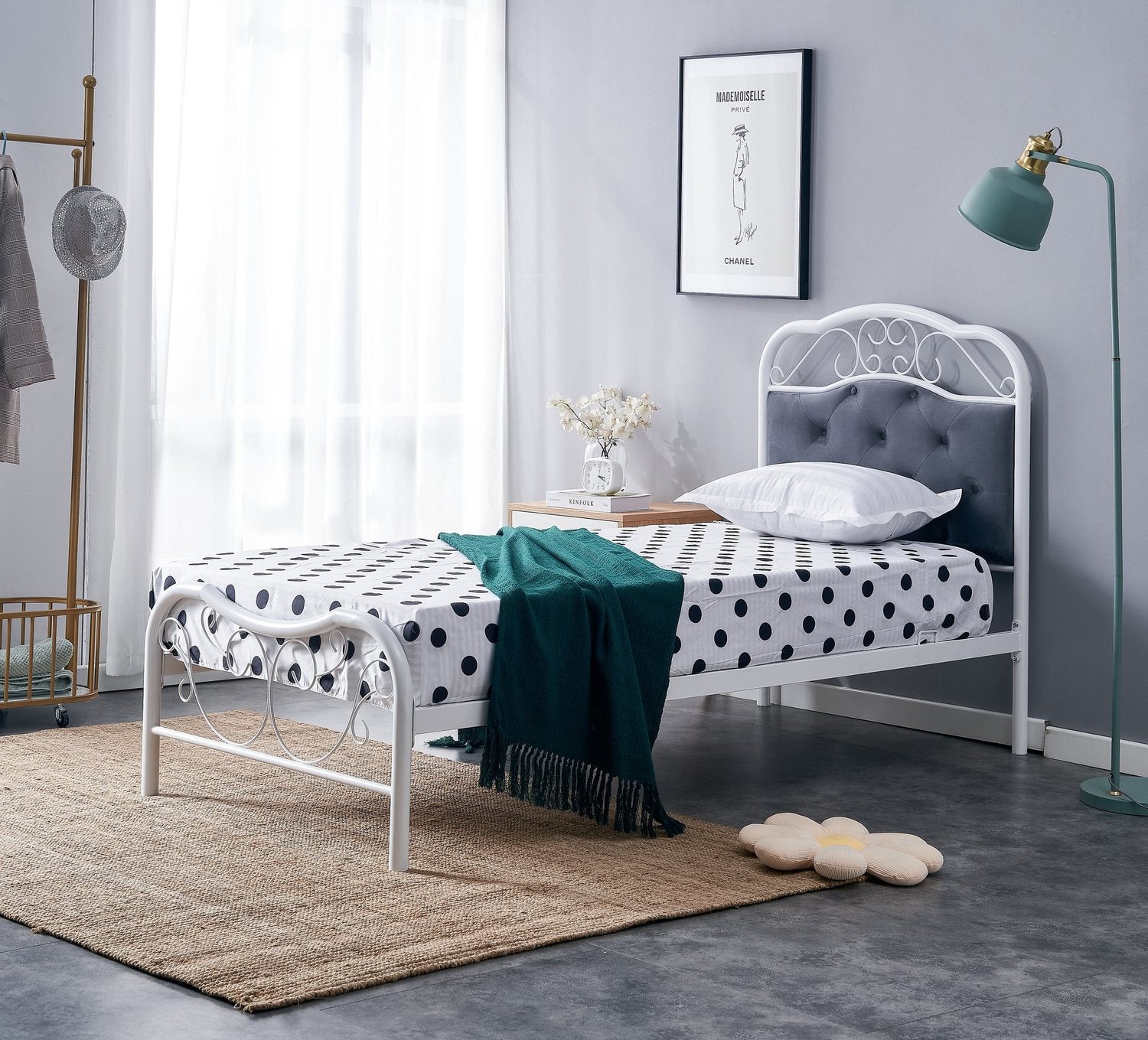 Single Bed Fabrizia | size: Length: 209cm, Width: 92cm, Height: 115cm | color: White/Grey | image: 2 | variant: 1014073