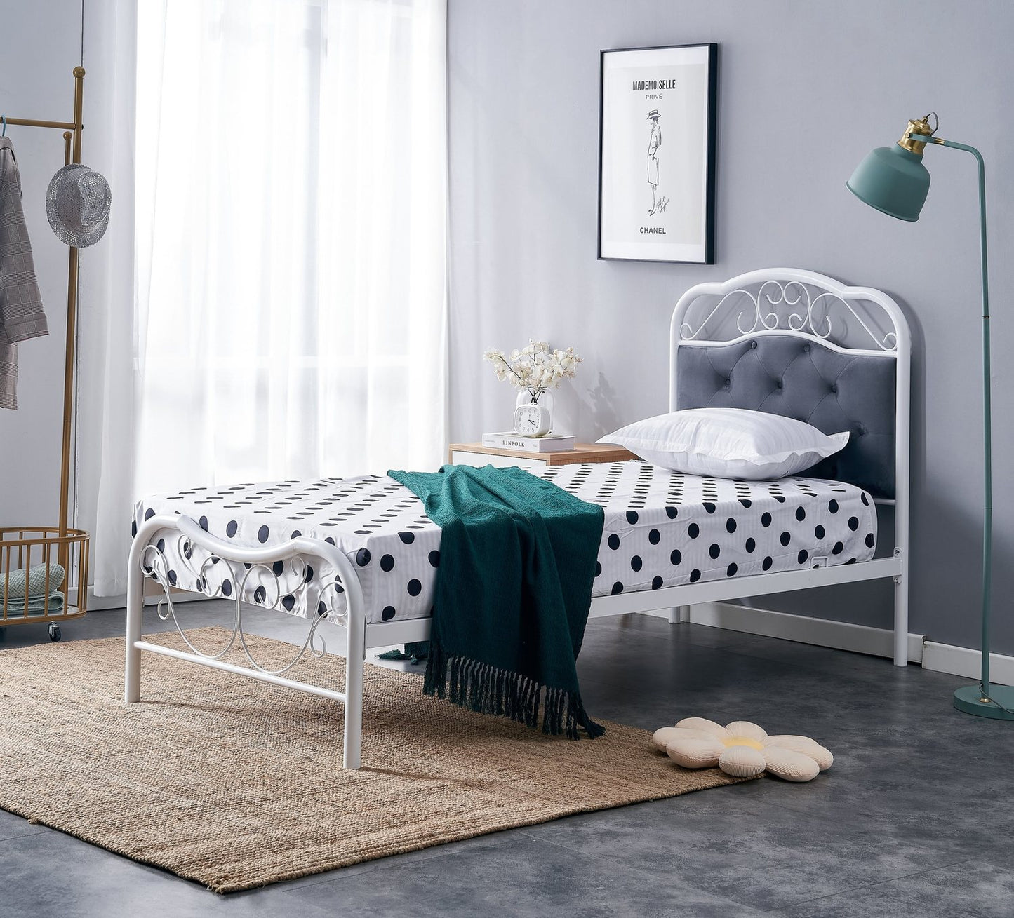 Single Bed West Caerleon | size: Length: 209cm, Width: 92cm, Height: 115cm | color: White/Grey | image: 2 | variant: 1007413