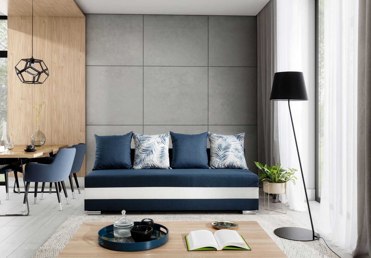 Sleeper Sofa Calia | size: Width: 195cm, Height: 83cm, Depth: 86cm | color: White/Blue | image: 1 | variant: 1014030