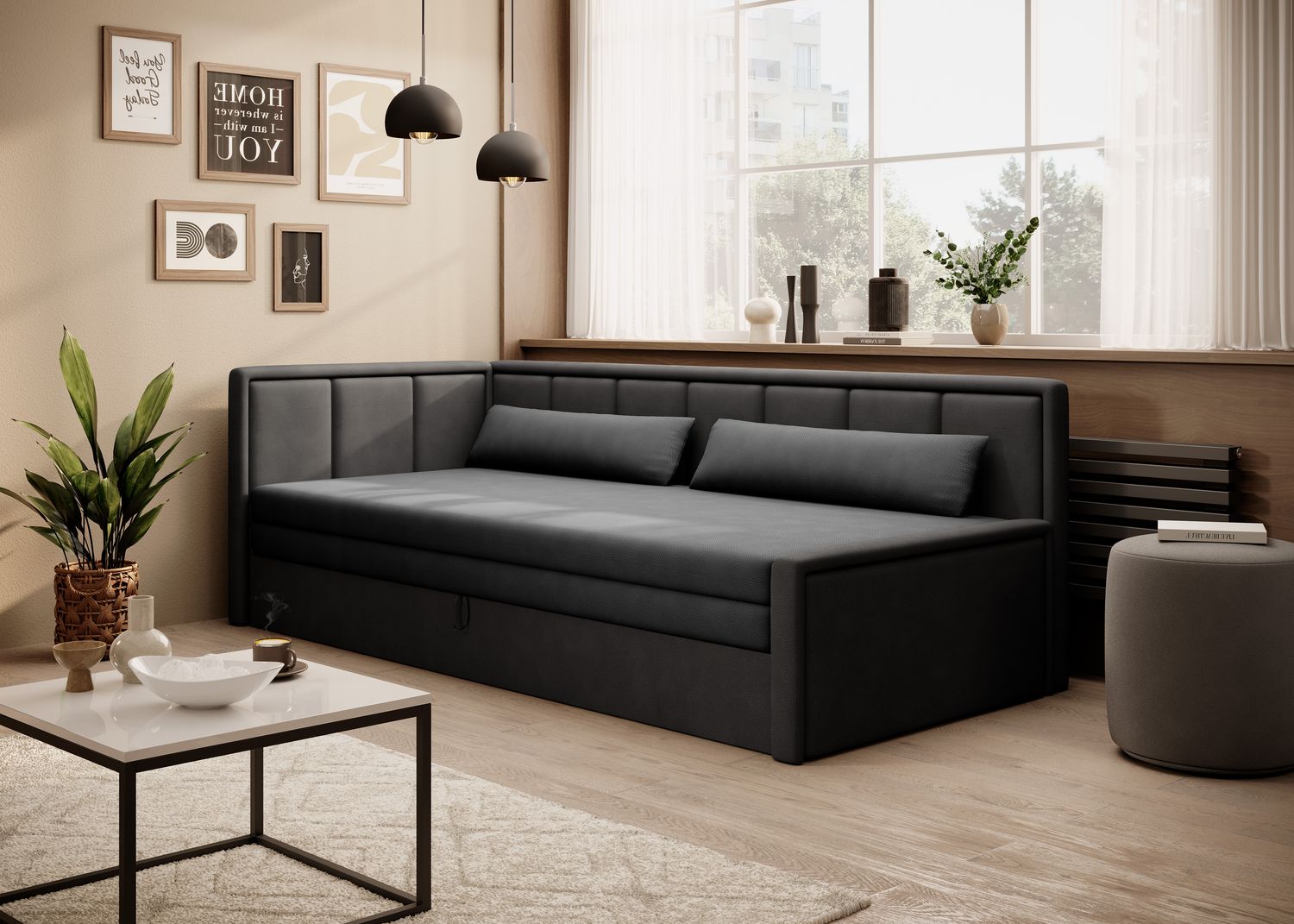 Sleeper Sofa East Fukuoka 1 | size: Width: 82cm, Height: 77cm, Depth: 214cm | color: Pelēka/Poco | image: 1 | variant: 1017869