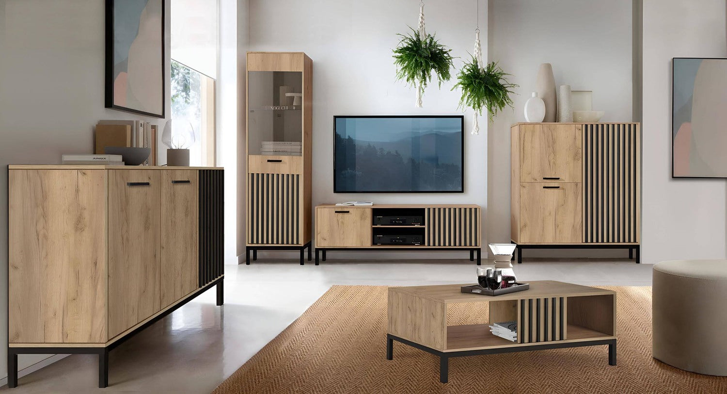 TV Table Lamino | size: Length: 40cm, Width: 180cm, Height: 48cm | color: Black/Oak | image: 3 | variant: 1017865